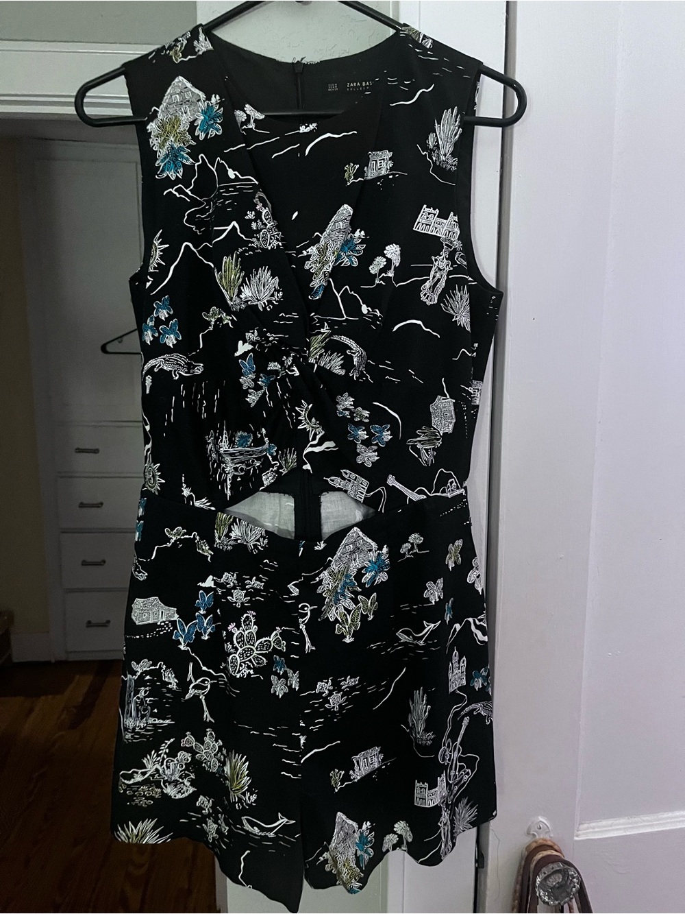 Zara Black Printed Cutout Romper with Blue and Cream Accents